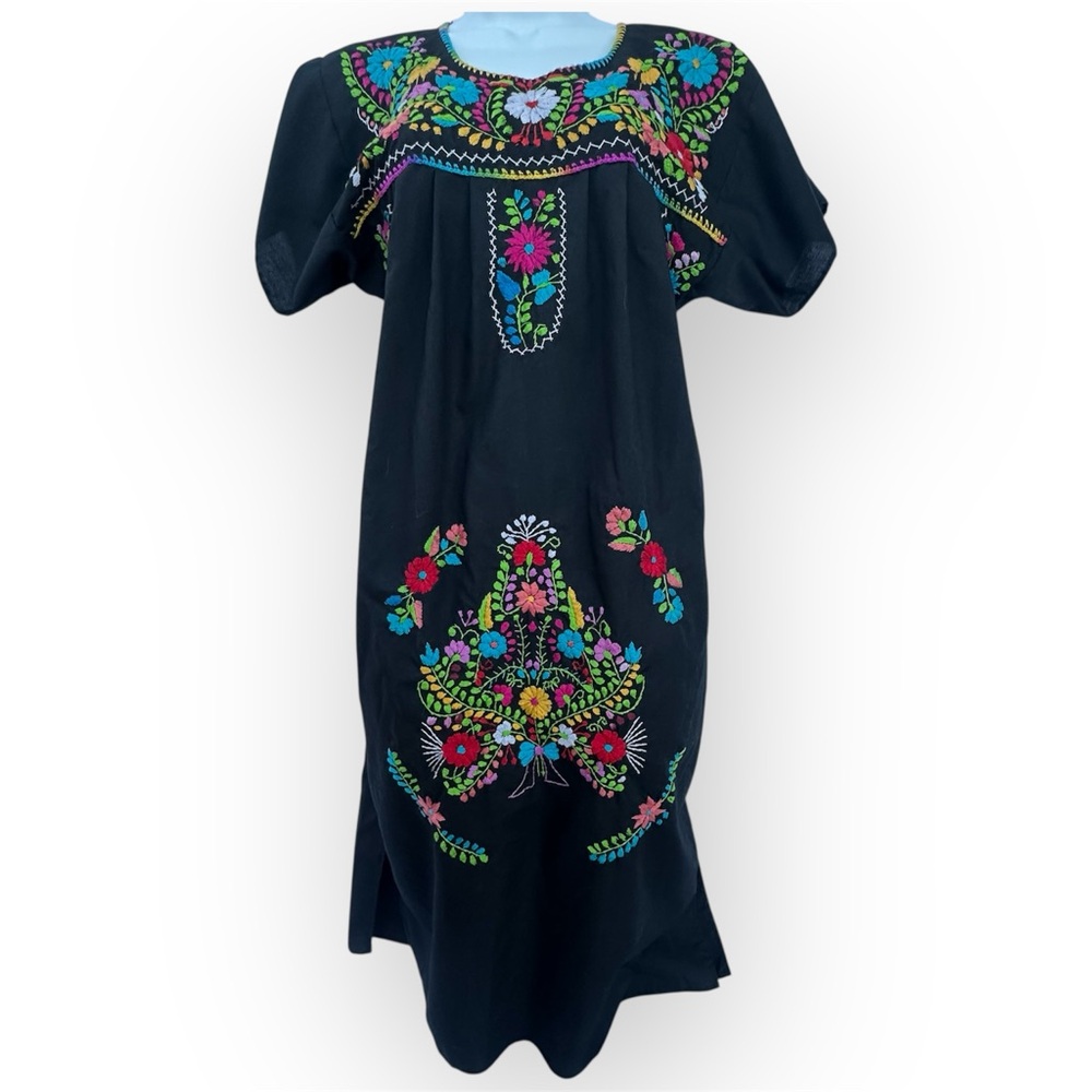 Artisan Handmade Mexican Embroidered Black Dress with Colorful Floral Design